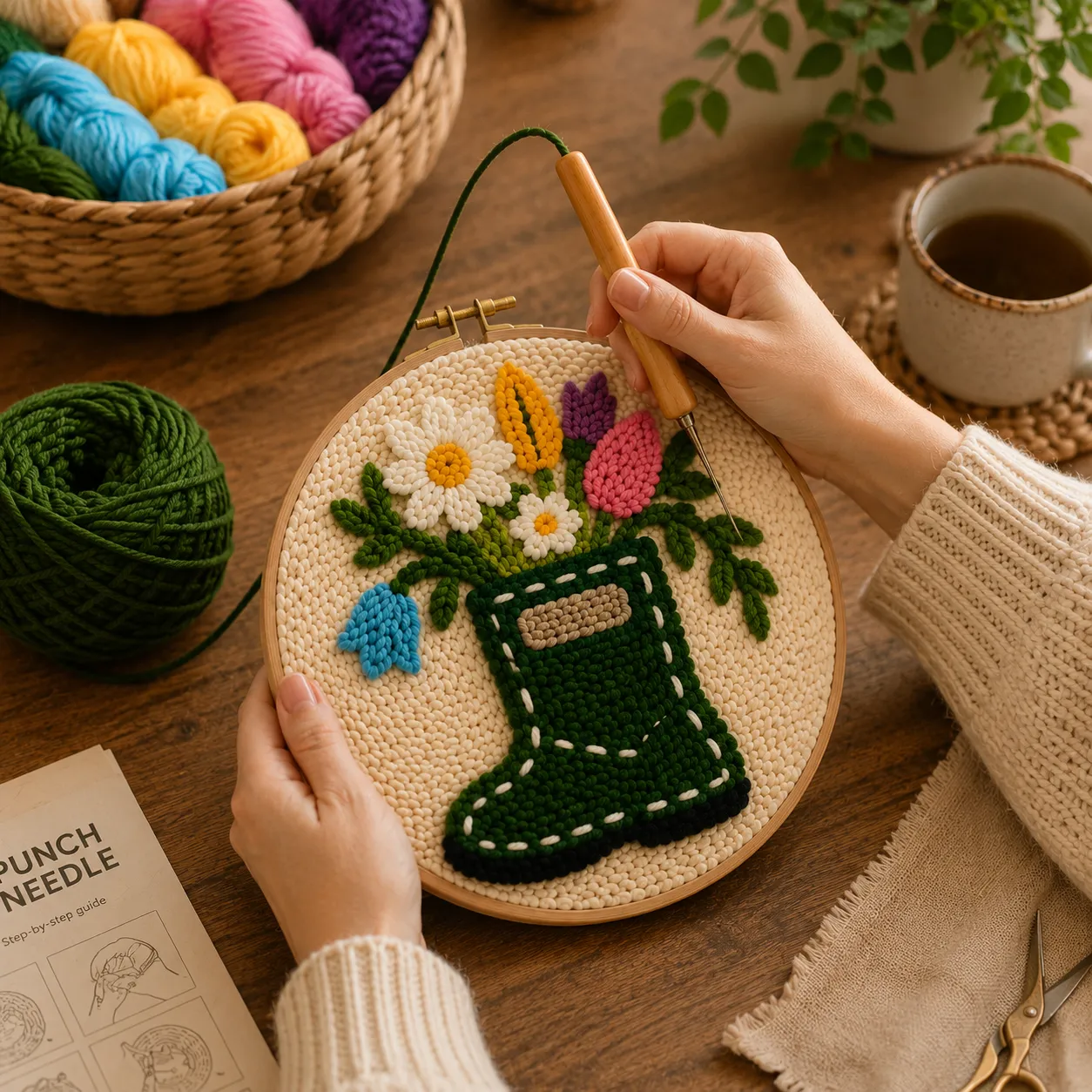 craftsy.dk Blomsterstøvle punch needle sæt 20 cm blomster