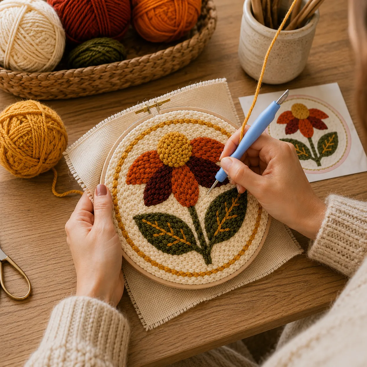 Craftsy Efterårsblomst punch needle 20 cm broderisæt