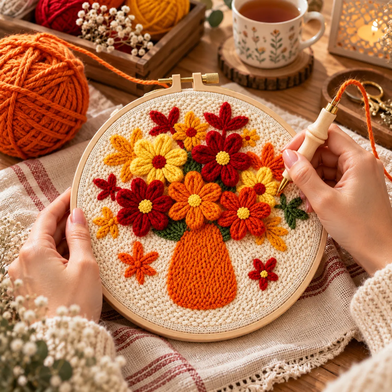 Craftsy Blomsterbuket i Vase punch needle sæt 20 cm blomster