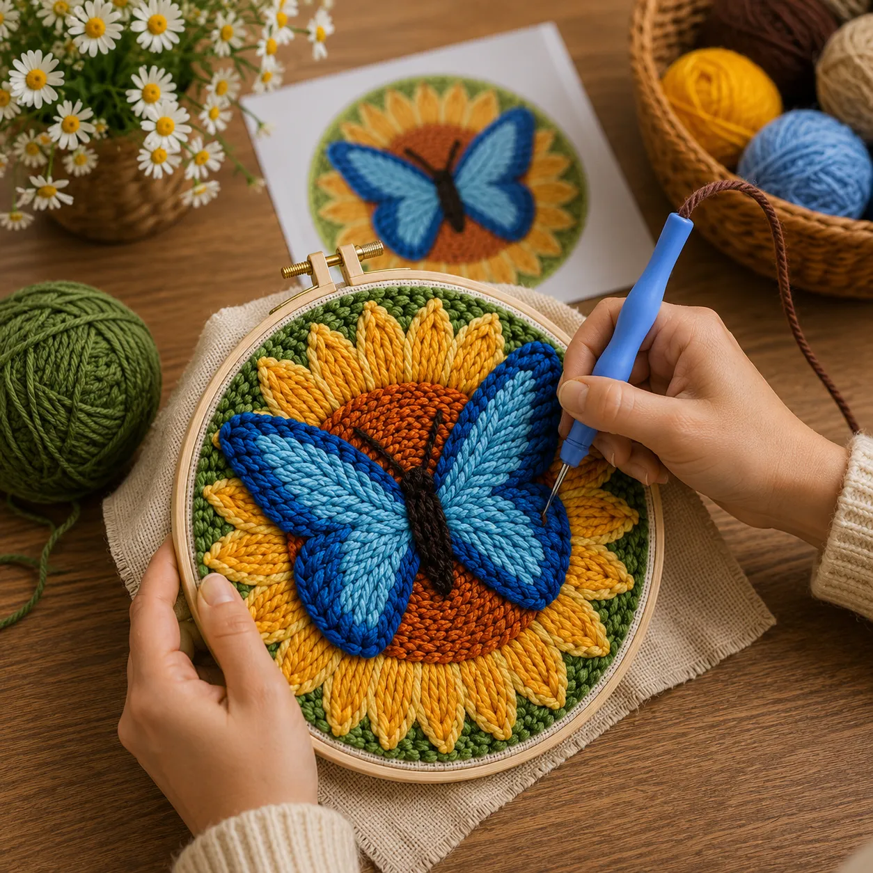 craftsy.dk Sommerfugl & Solsikke punch needle sæt 20 cm blå