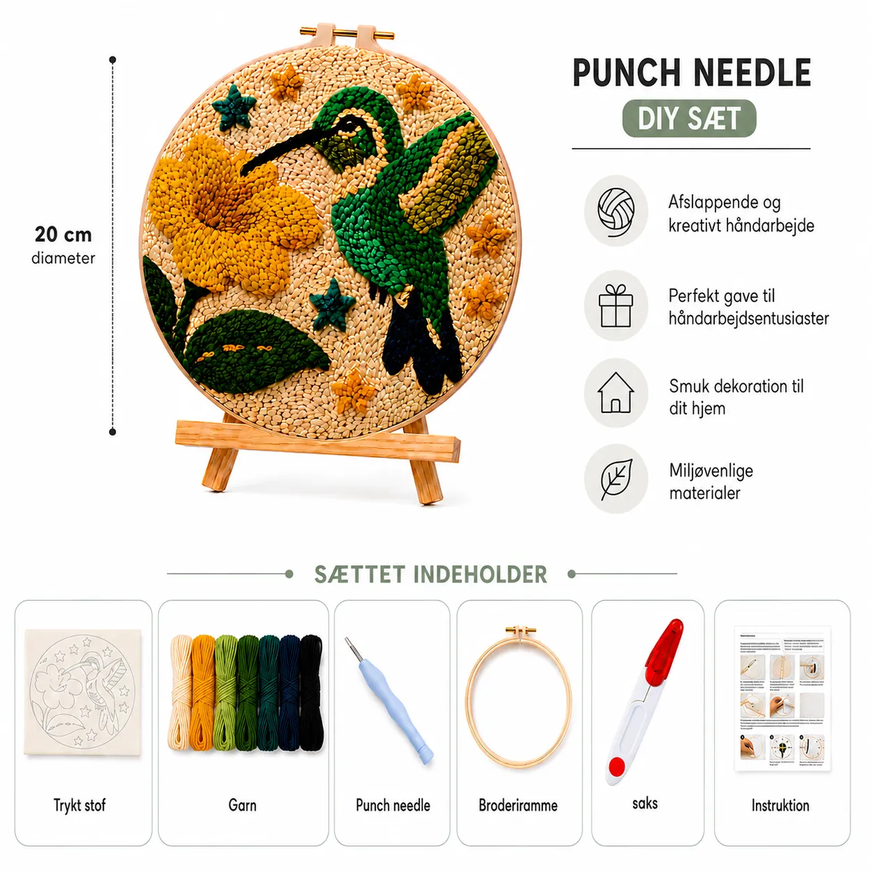 craftsy.dk Kolibri med Blomst punch needle sæt 20 cm gul