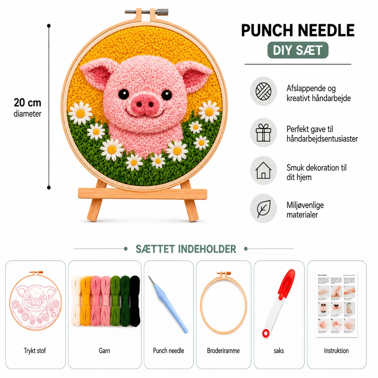 craftsy.dk Punch Needle Sød Gris i Blomsterengen sæt 20 cm begynder