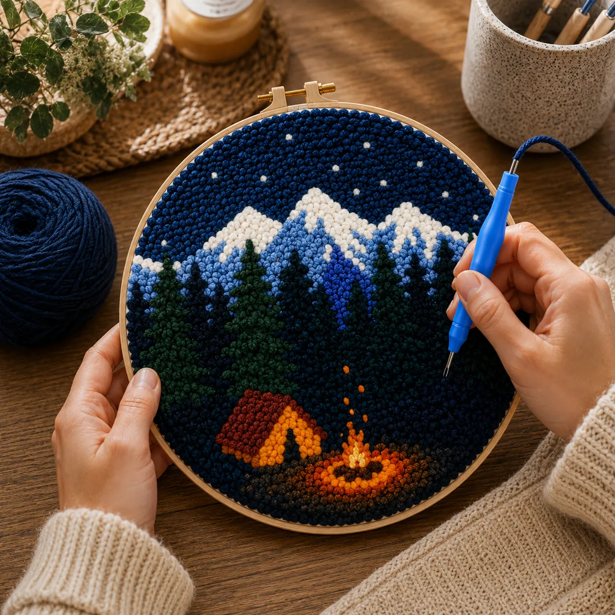 craftsy.dk Camping stjerner punch needle sæt 20 cm natmotiv