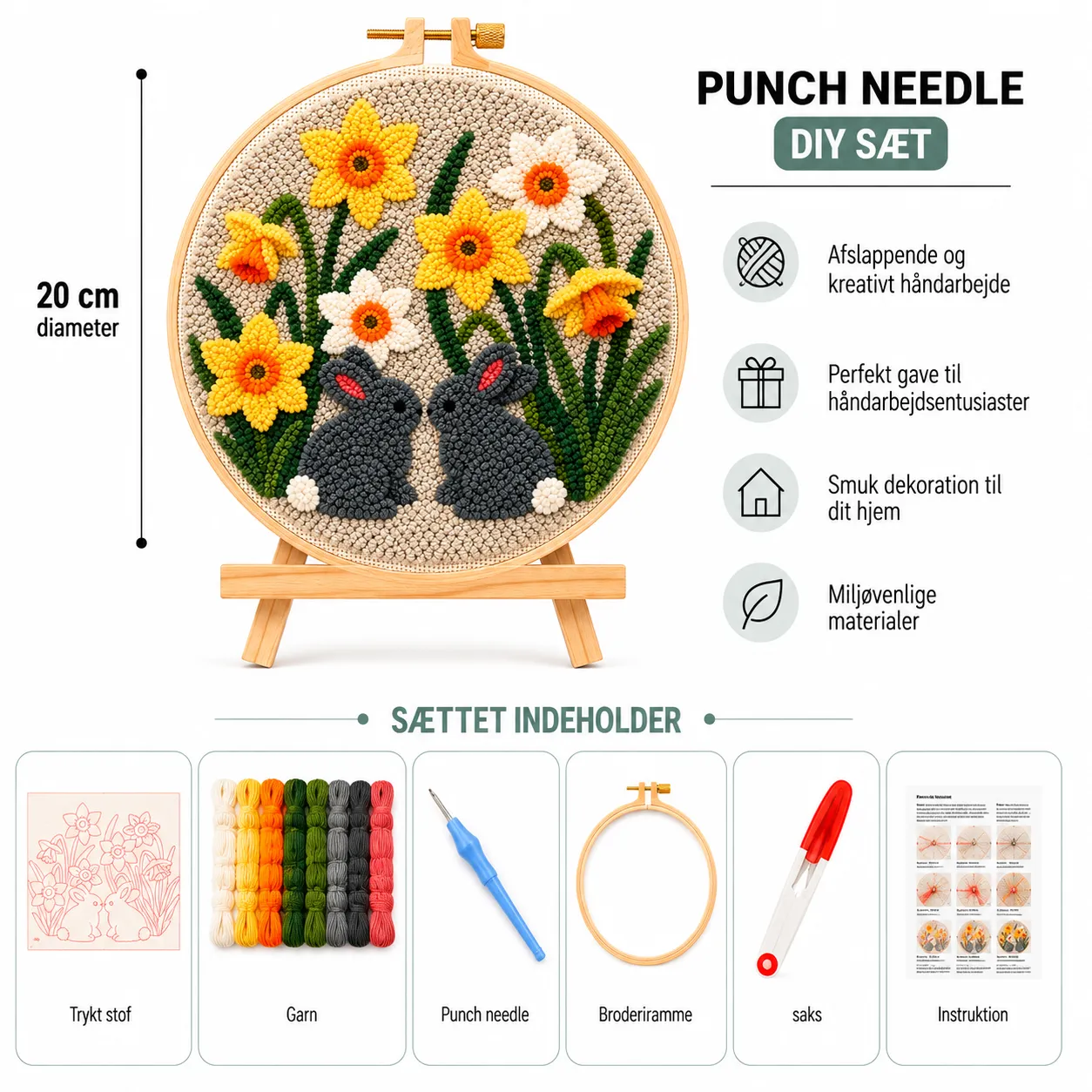 Craftsy Punch Needle To Kaniner i Blomsterhaven sæt 20 cm kaninmotiv