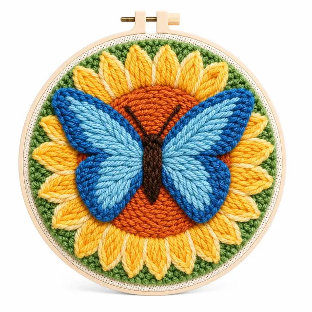 craftsy.dk Sommerfugl & Solsikke punch needle sæt 20 cm blå
