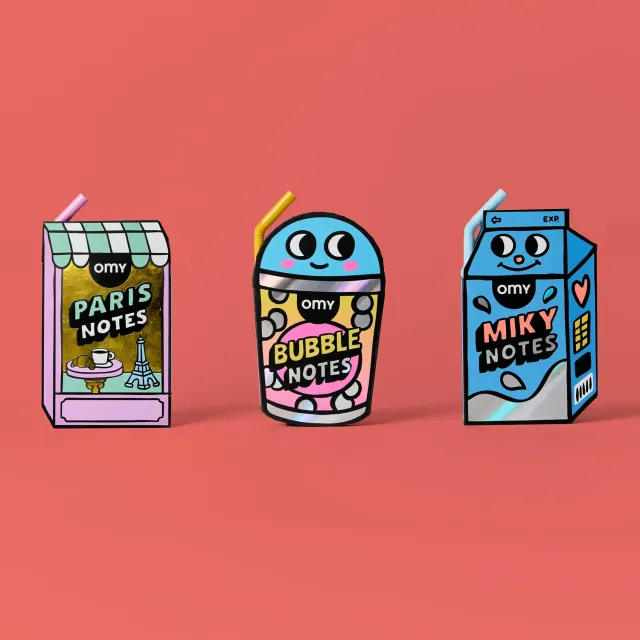 OMY Sticky Notes memoblok med kuglepen og mælkeboks