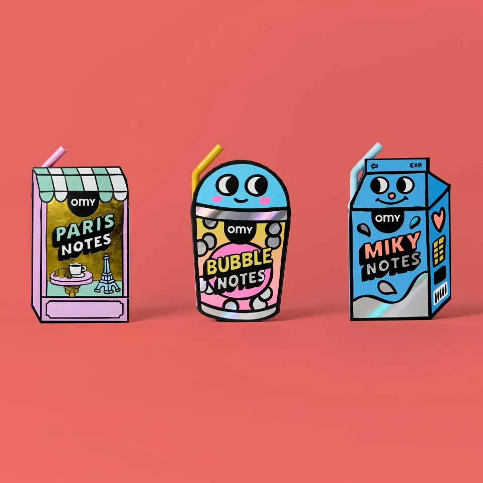 OMY Sticky Notes memoblok med kuglepen og mælkeboks