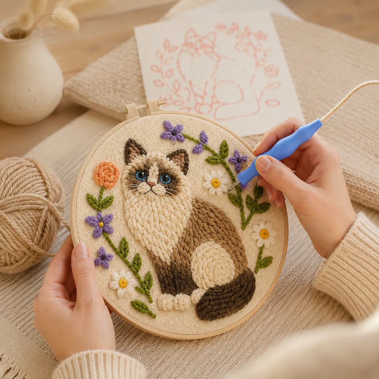 craftsy.dk Blomsterkat punch needle sæt 20 cm kattemotiv