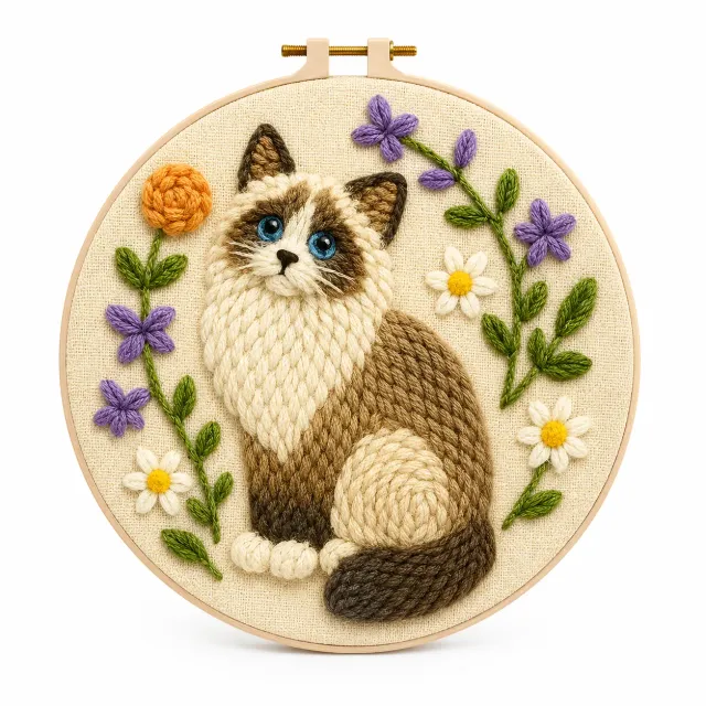 craftsy.dk Blomsterkat punch needle sæt 20 cm kattemotiv