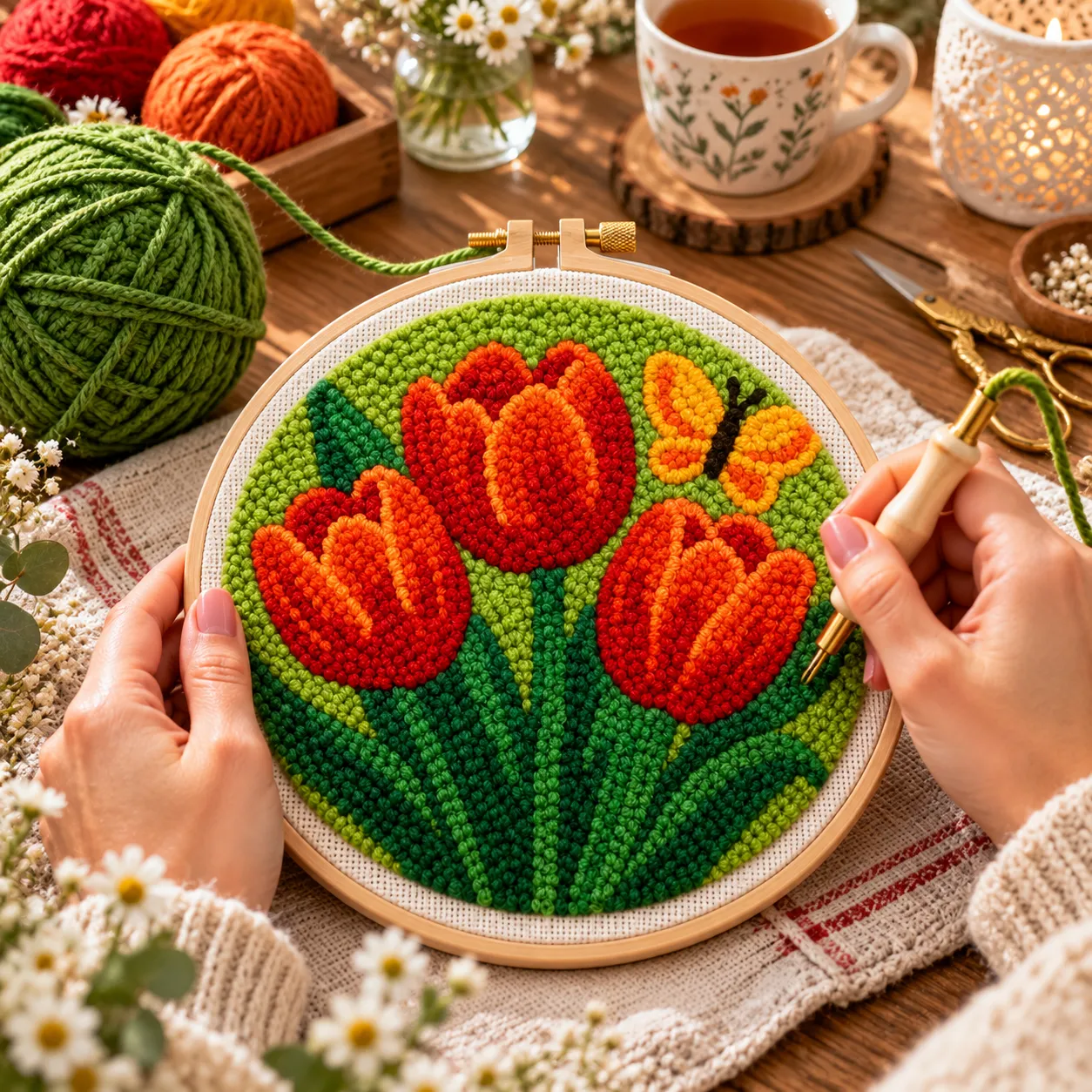 Craftsy Tulipaner med Sommerfugl punch needle sæt 20 cm
