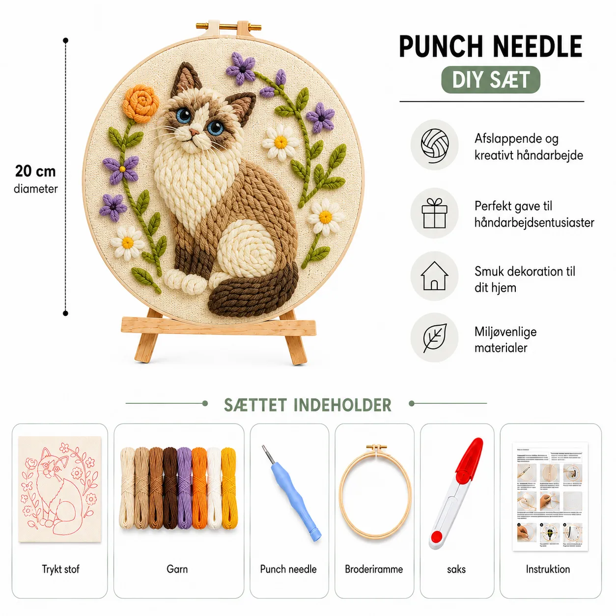 craftsy.dk Blomsterkat punch needle sæt 20 cm kattemotiv