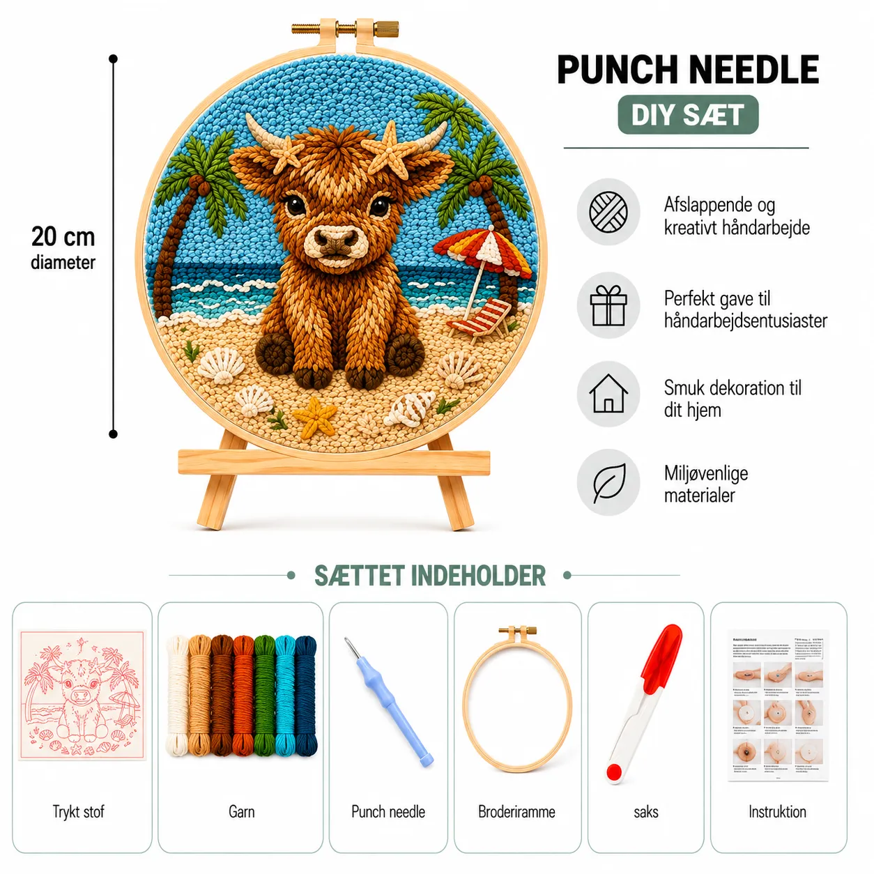 Craftsy.dk Ko på Stranden punch needle sæt 20 cm begynder