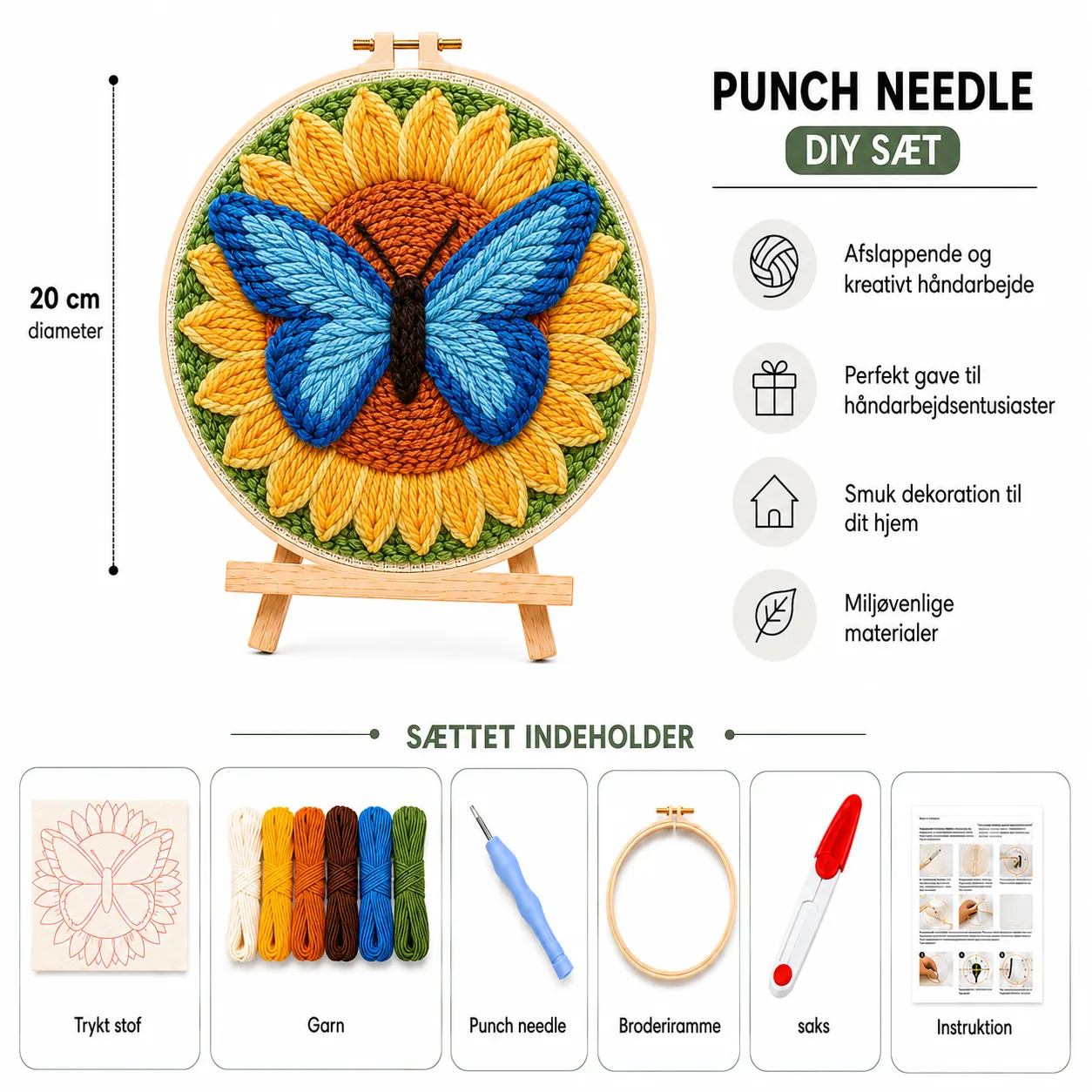 craftsy.dk Sommerfugl & Solsikke punch needle sæt 20 cm blå