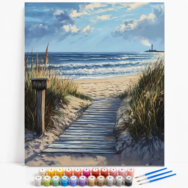Craftsy Strand med Fyrtårn mal efter tal 40x50 cm havmotiv