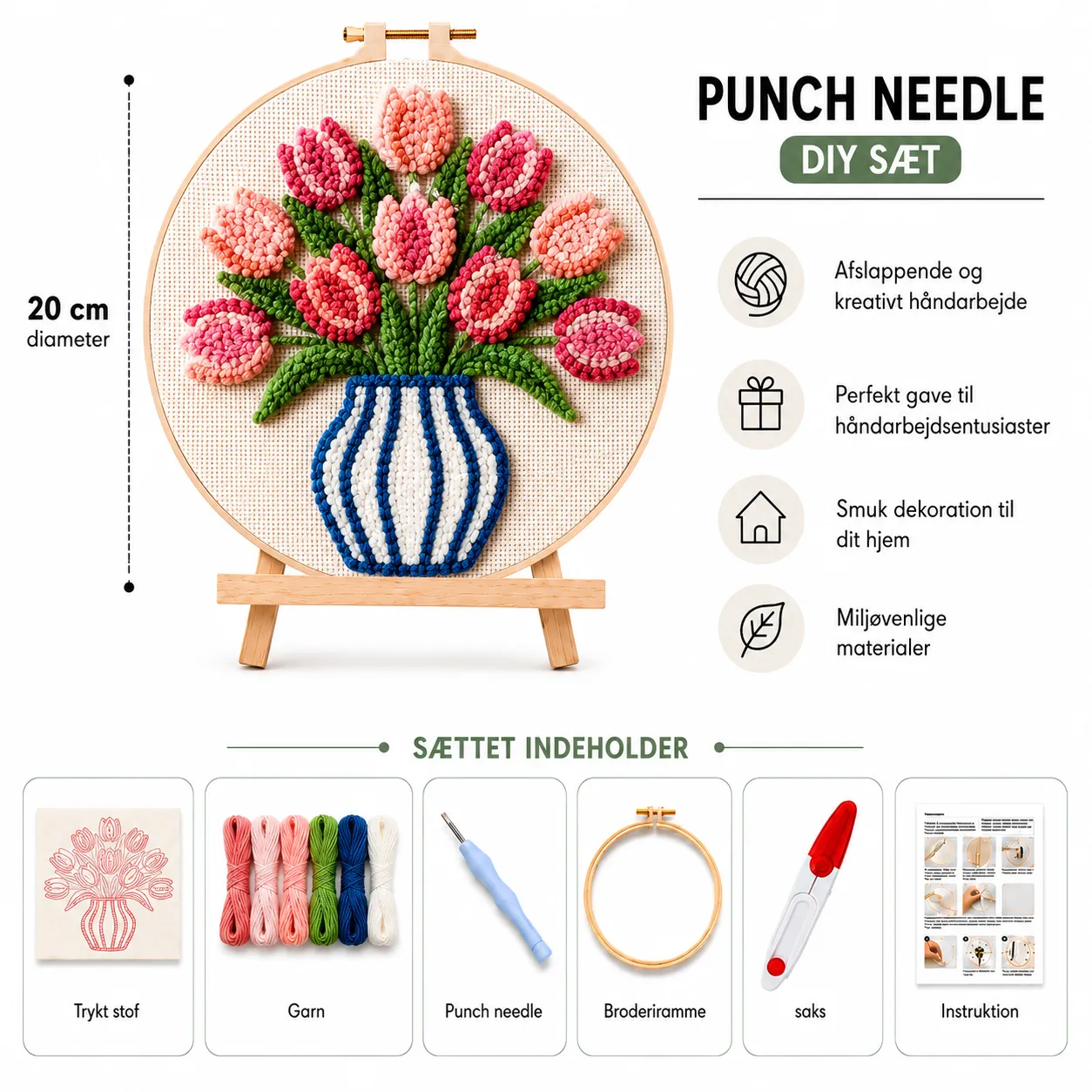 craftsy.dk Lyserød Tulipan punch needle sæt 20 cm vase