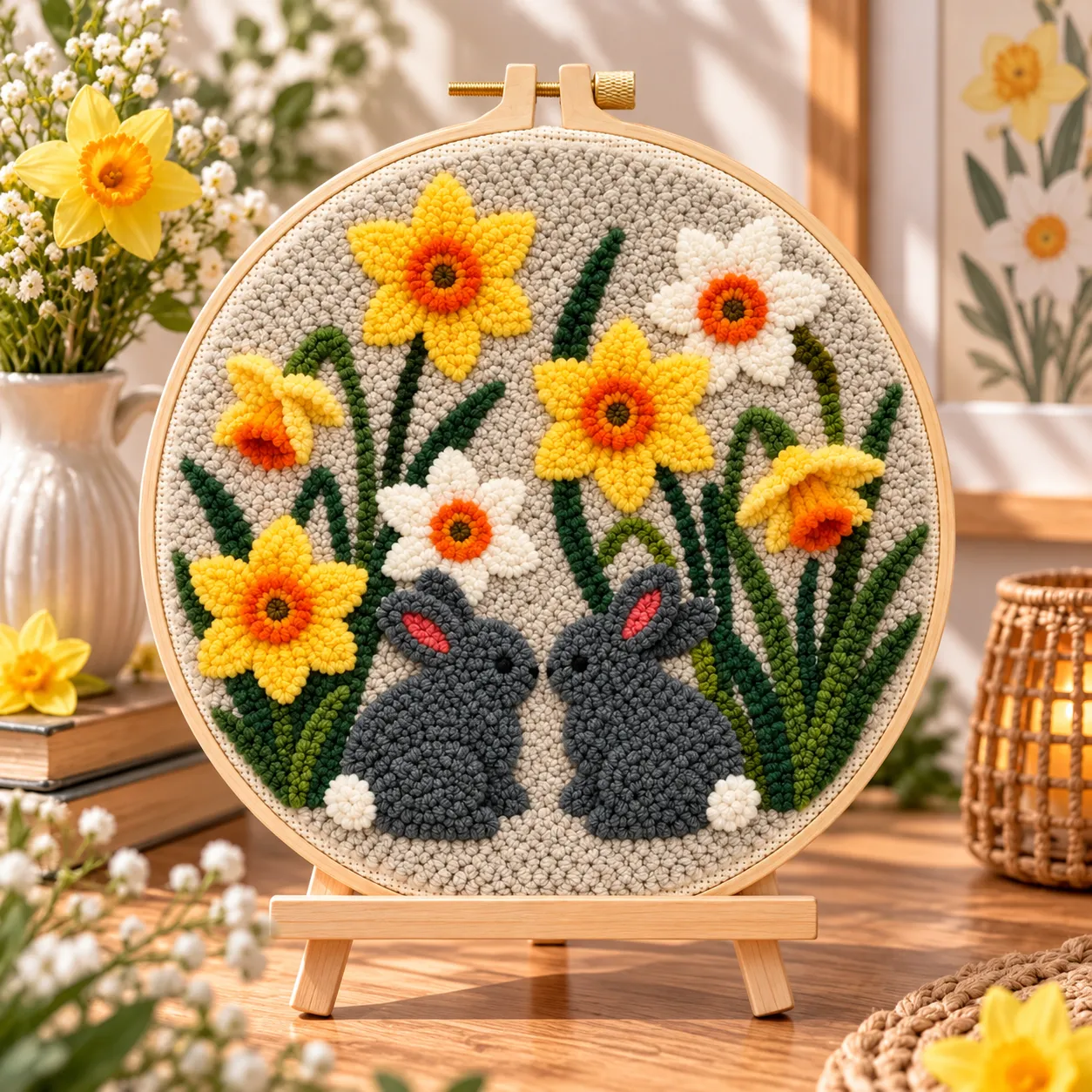 Craftsy Punch Needle To Kaniner i Blomsterhaven sæt 20 cm kaninmotiv