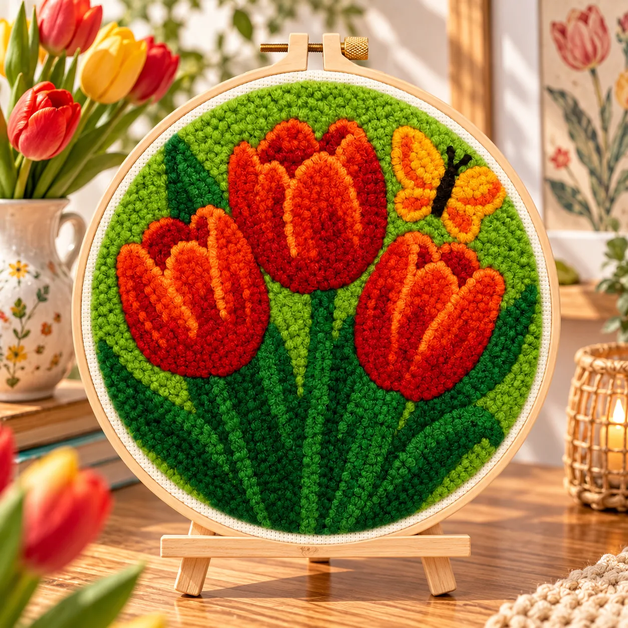 Craftsy Tulipaner med Sommerfugl punch needle sæt 20 cm