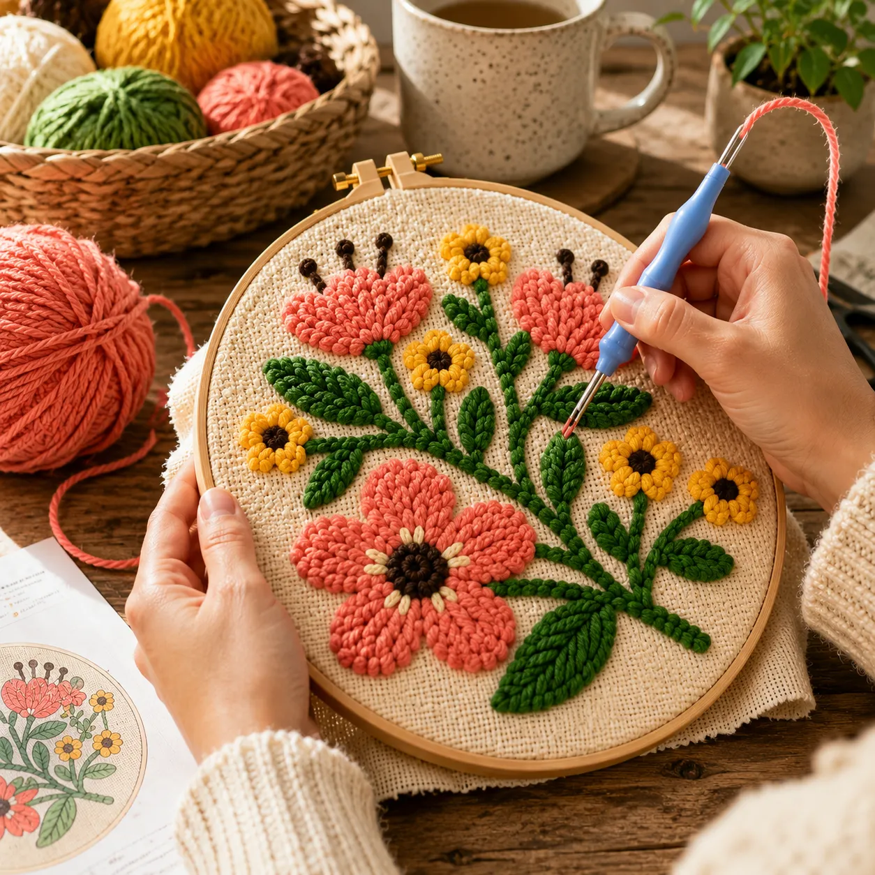 Craftsy Punch Needle Blomsterharmoni sæt 20 cm koral