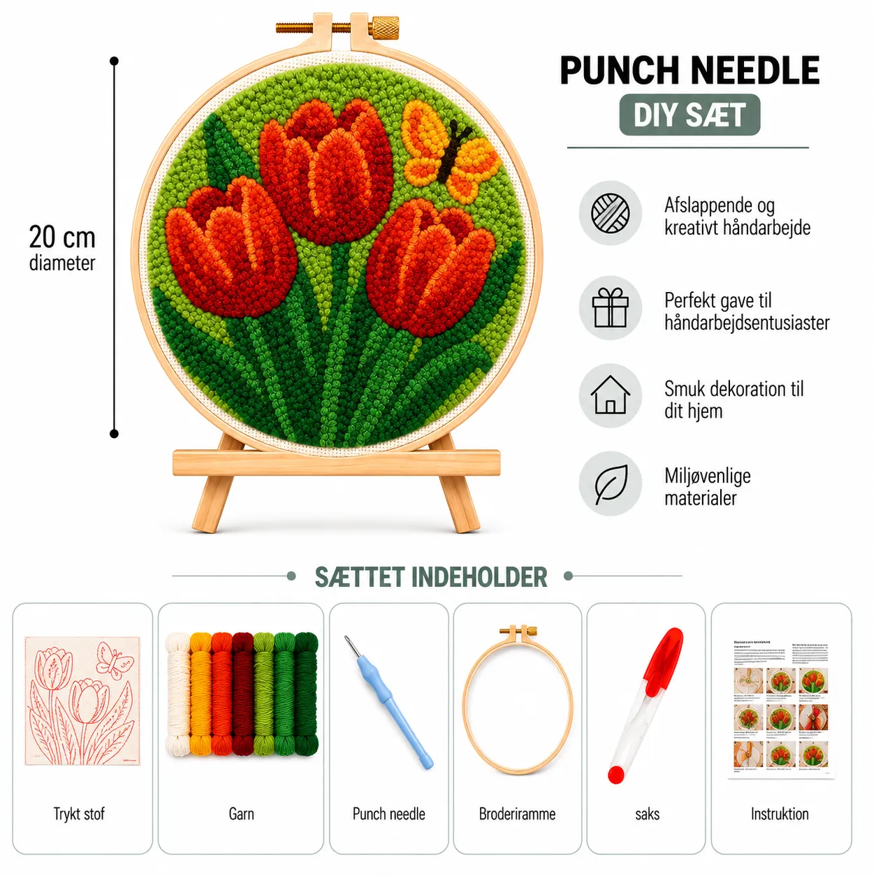 Craftsy Tulipaner med Sommerfugl punch needle sæt 20 cm