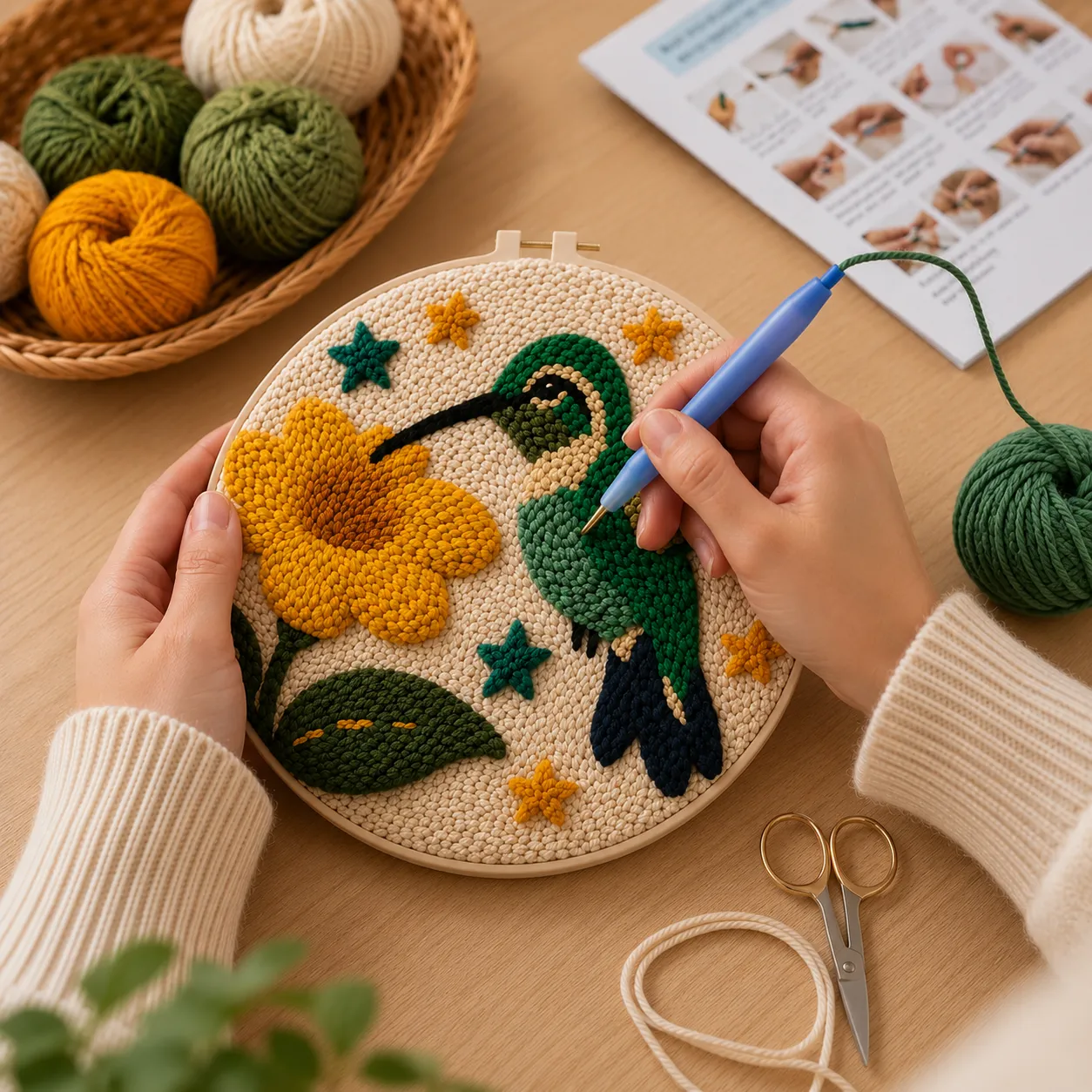 craftsy.dk Kolibri med Blomst punch needle sæt 20 cm gul