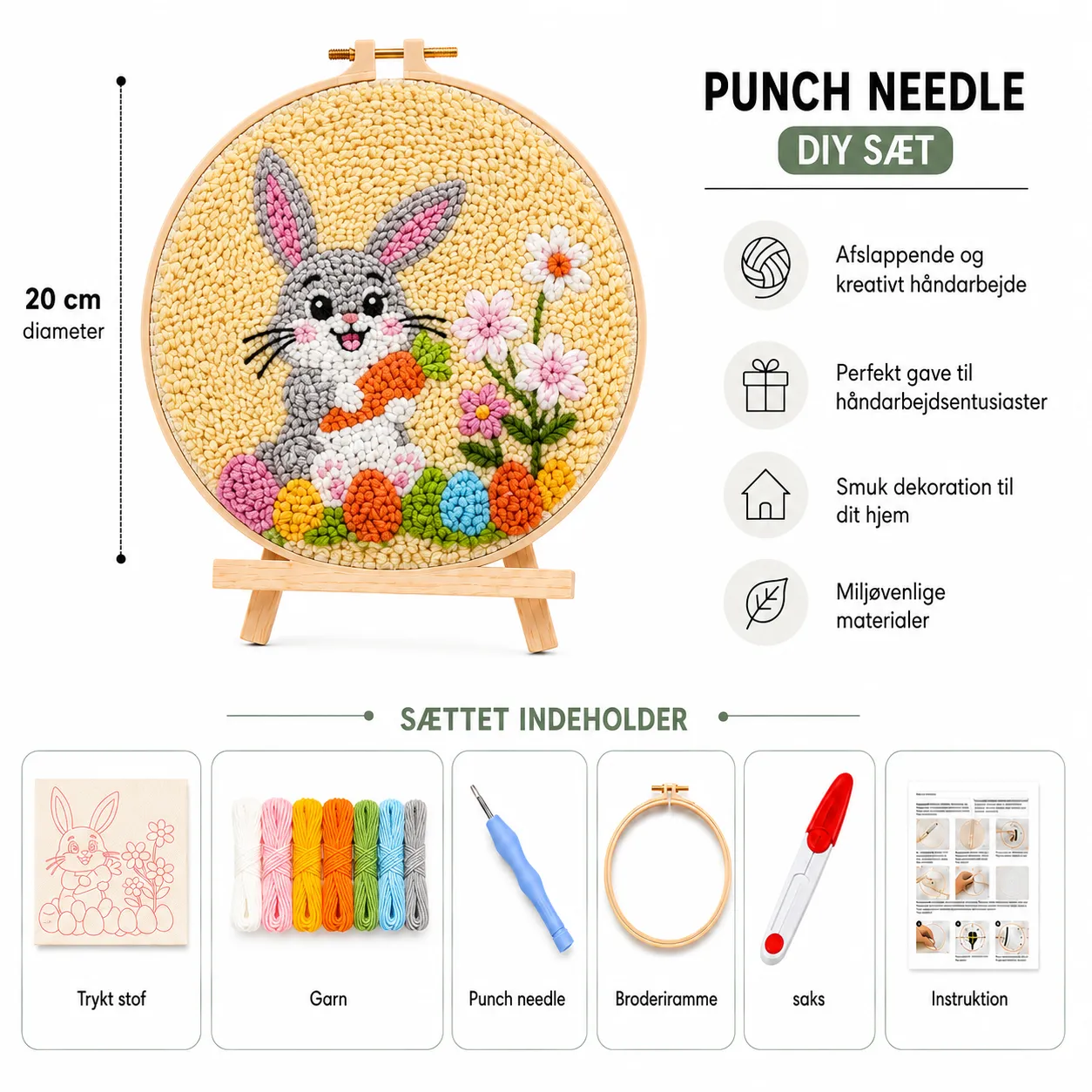 craftsy.dk Sød Kanin punch needle sæt 20 cm pastel
