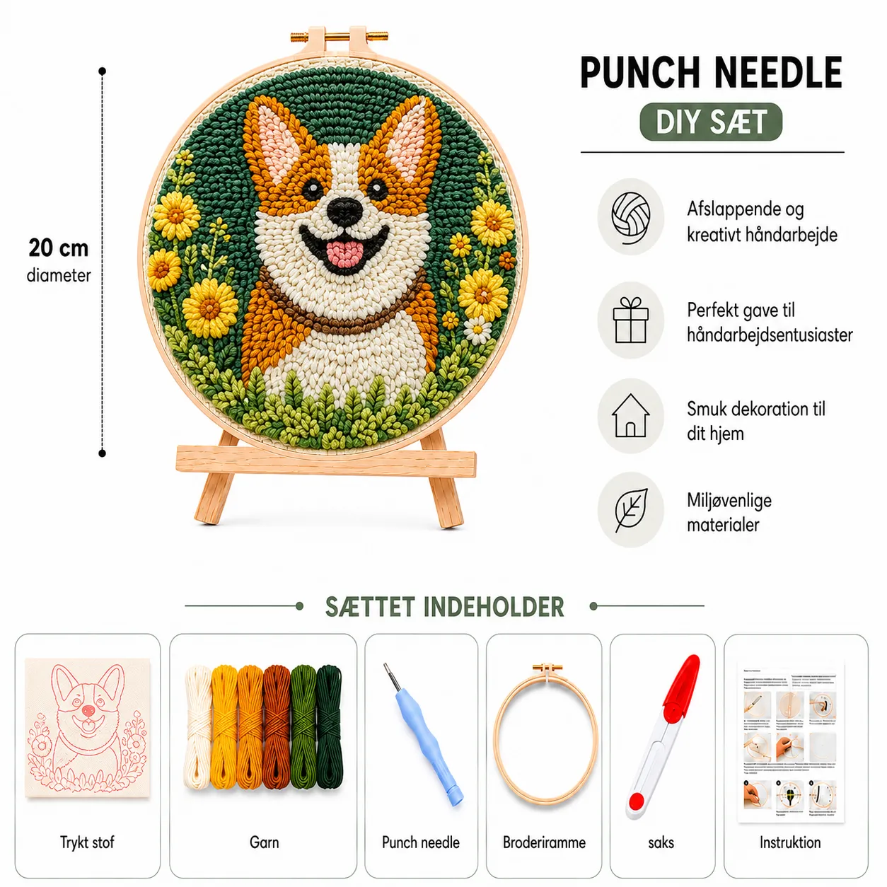craftsy.dk Punch Needle Glad Corgi broderisæt 20 cm hund