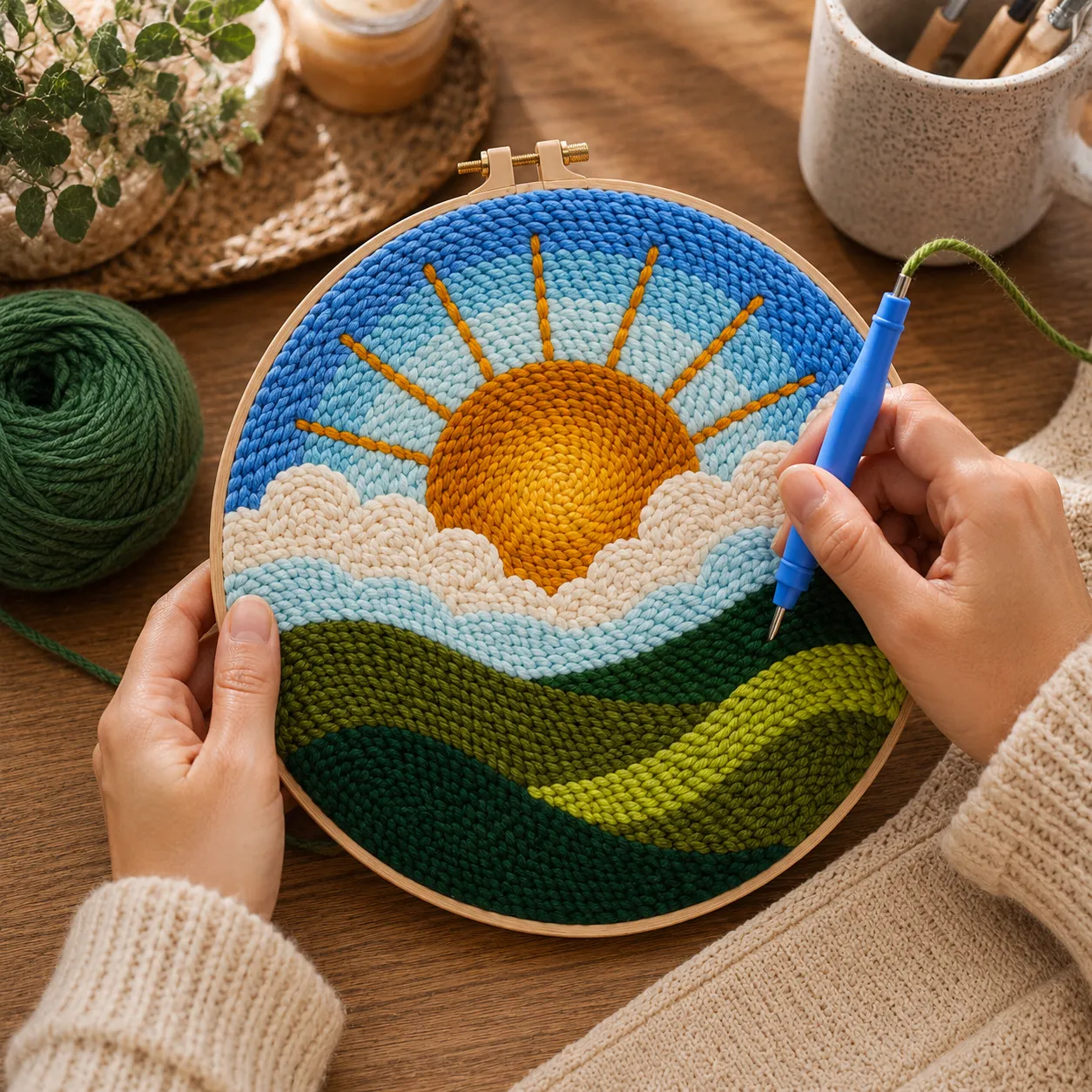 Craftsy Solopgang over Bakkerne punch needle sæt 20 cm rolig