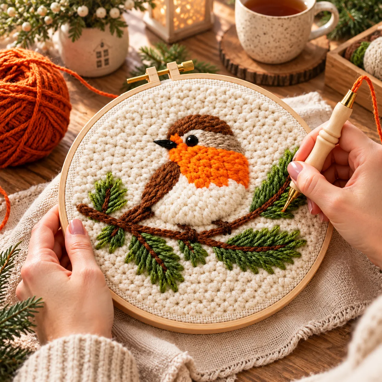 craftsy.dk Punch Needle Rødhals på Gren sæt 20 cm fugl