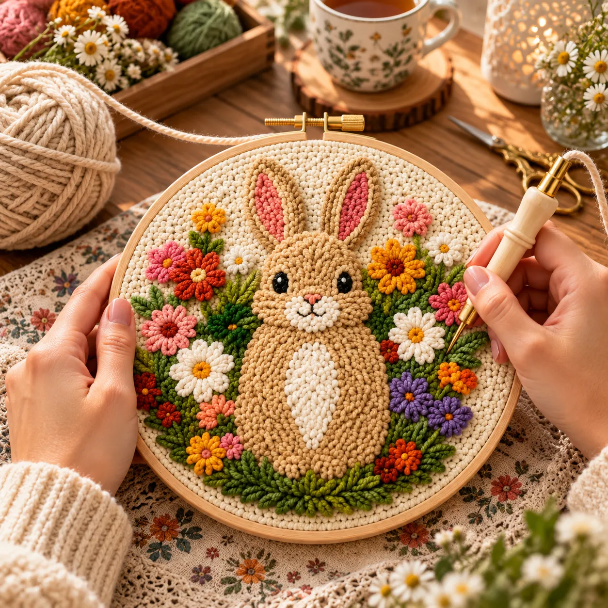 Craftsy Kanin i Blomsterhaven punch needle sæt 20 cm begynder