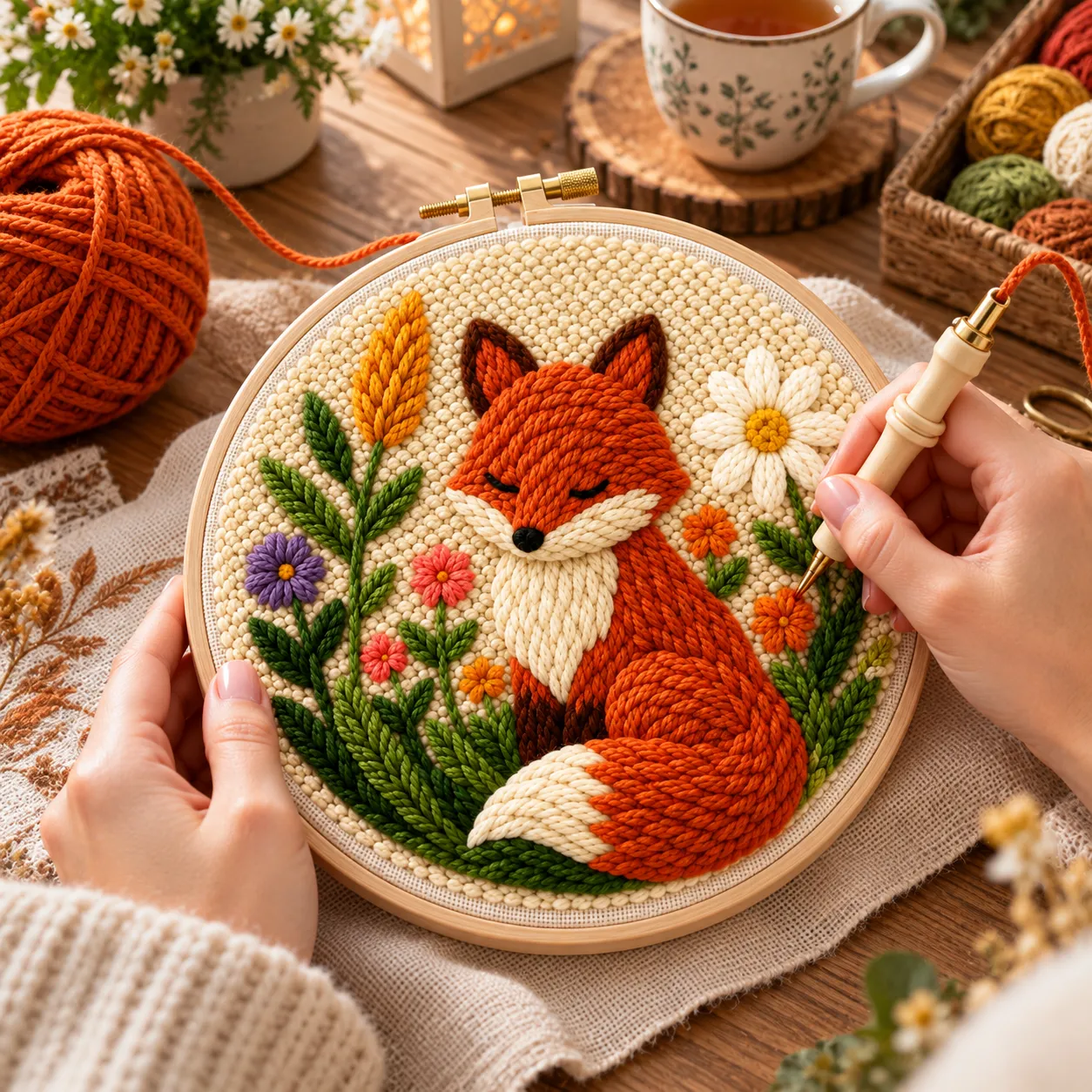 Craftsy Punch Needle Sød Ræv i Blomsterhaven broderisæt 20 cm
