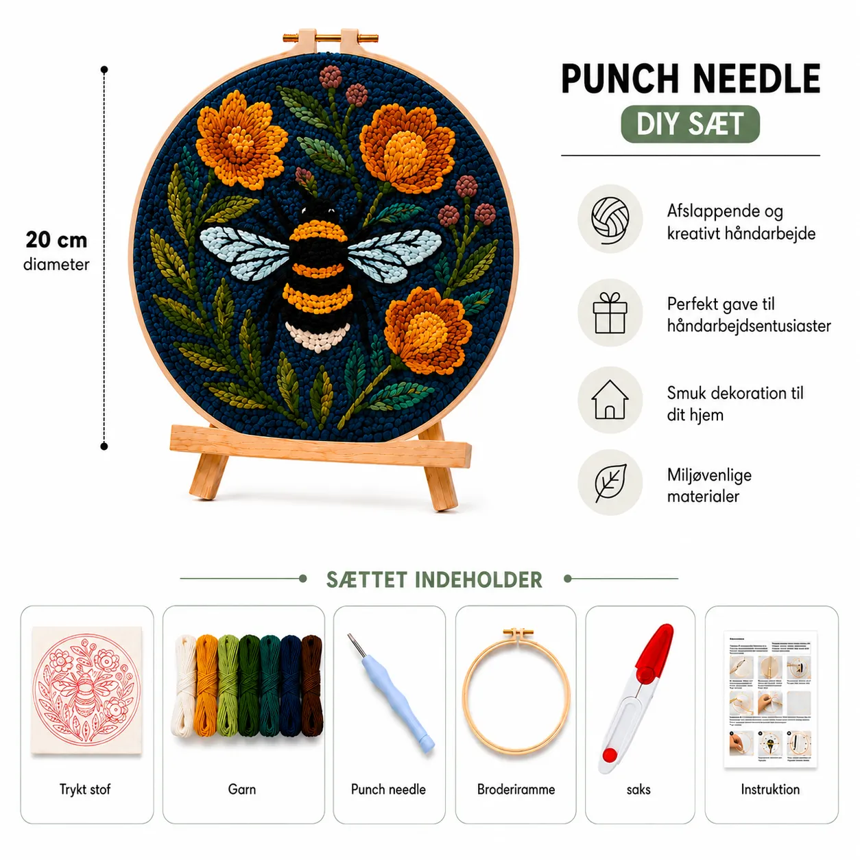 Craftsy Humlebi & Blomster punch needle sæt 20 cm