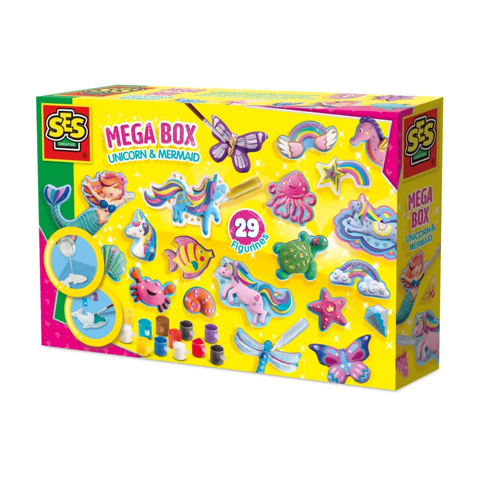 SES Creative Mega Box Unicorn gipssæt 29 figurer glitterlim