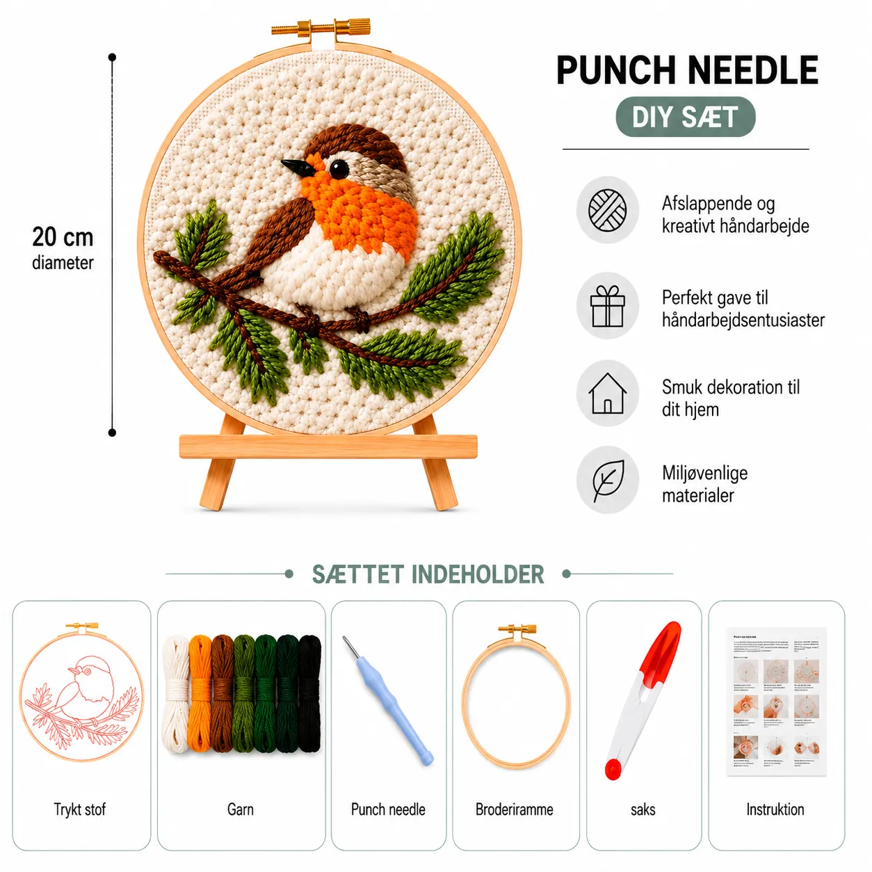 craftsy.dk Punch Needle Rødhals på Gren sæt 20 cm fugl