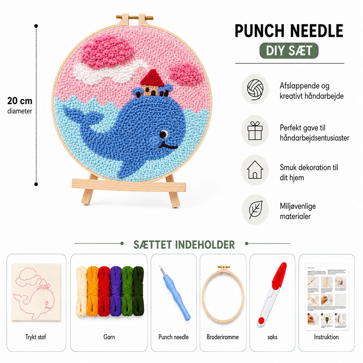 craftsy.dk Sød Hval punch needle sæt 20 cm til begyndere