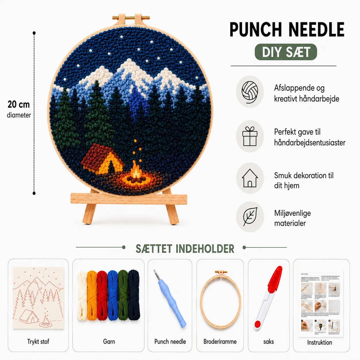 craftsy.dk Camping stjerner punch needle sæt 20 cm natmotiv
