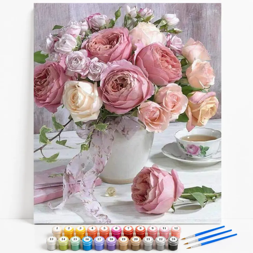 Craftsy.dk Roser i Hvid Vase mal efter tal 40x50 cm