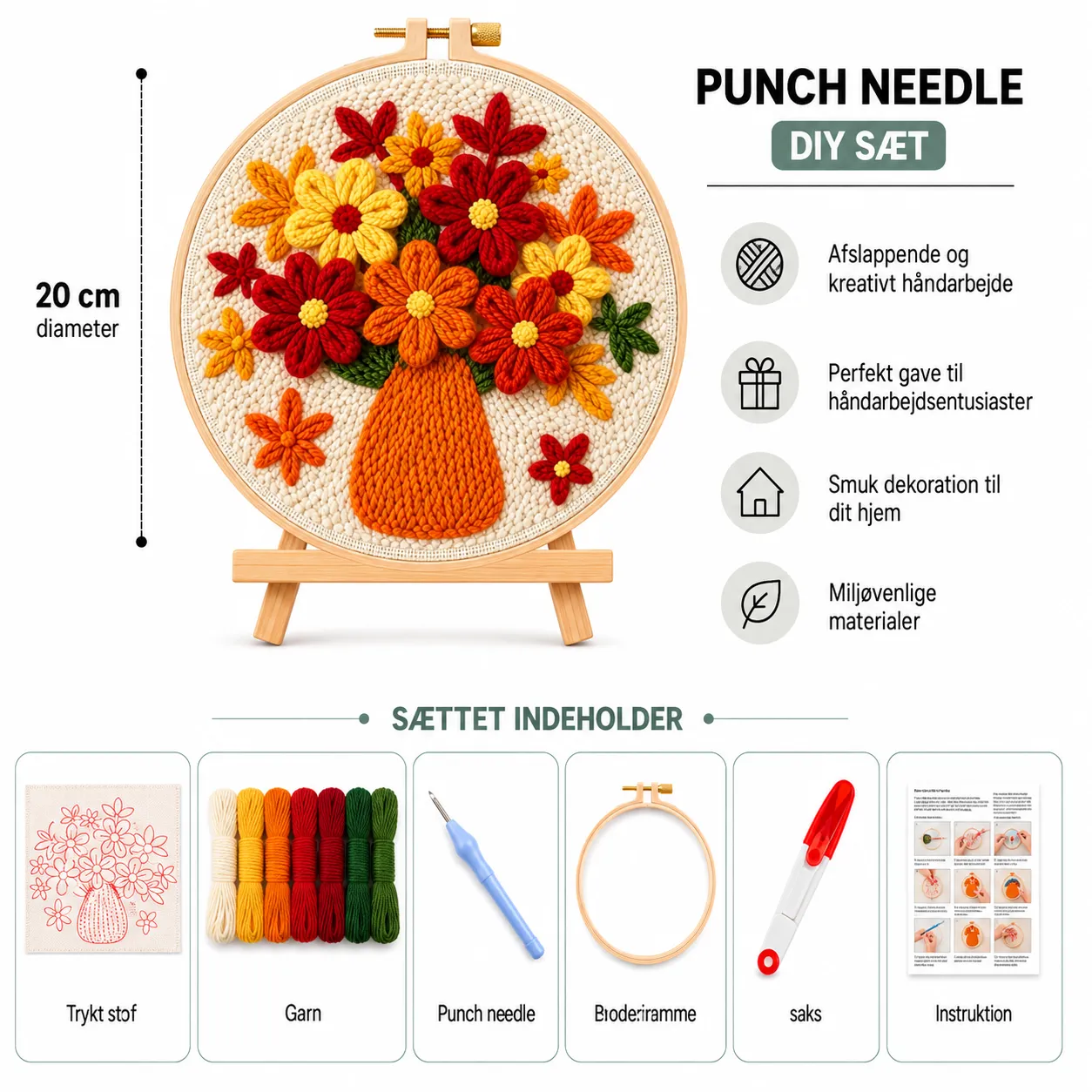 Craftsy Blomsterbuket i Vase punch needle sæt 20 cm blomster