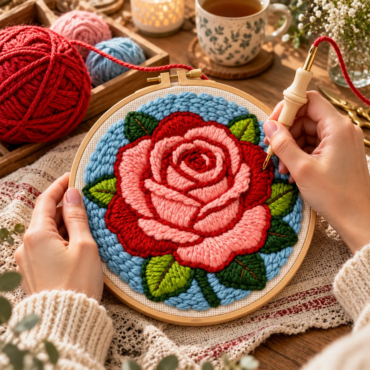Craftsy Smuk Rød Rose punch needle sæt 20 cm til begyndere