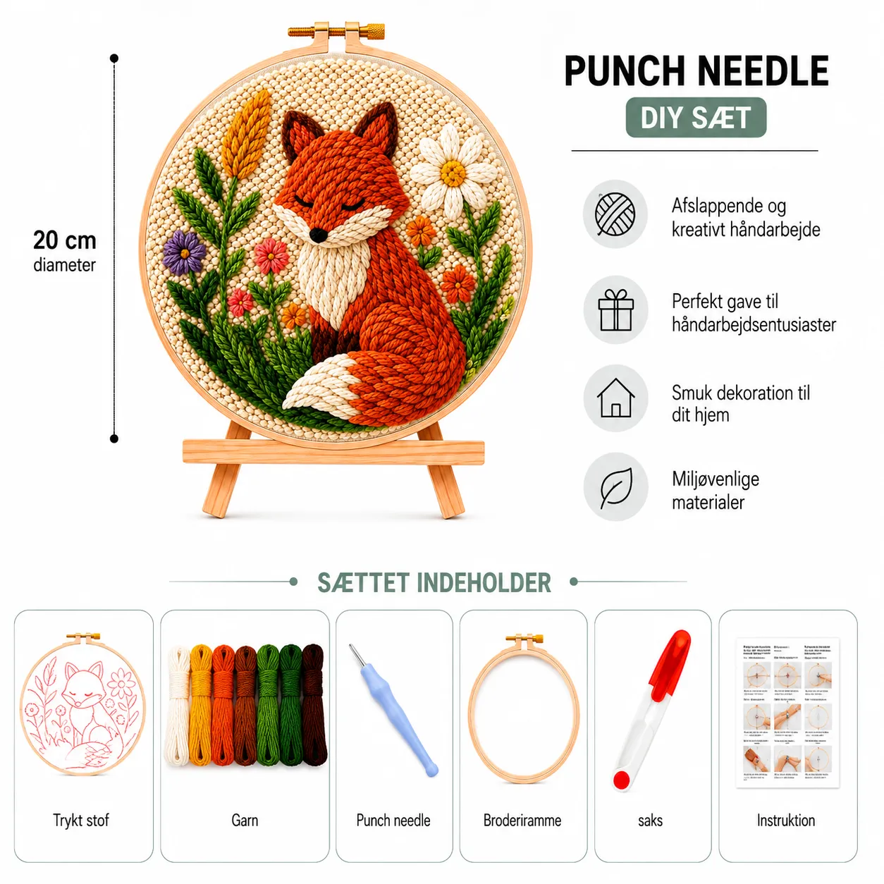 Craftsy Punch Needle Sød Ræv i Blomsterhaven broderisæt 20 cm