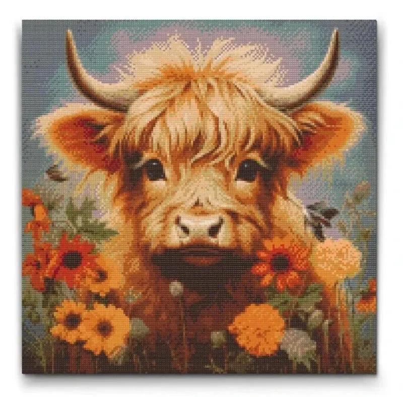 Road2Art Highland Ko i Blomstermark diamond painting 50x50 runde