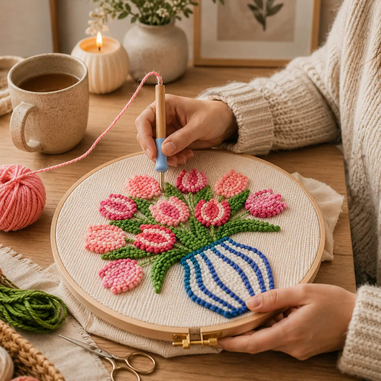 craftsy.dk Lyserød Tulipan punch needle sæt 20 cm vase