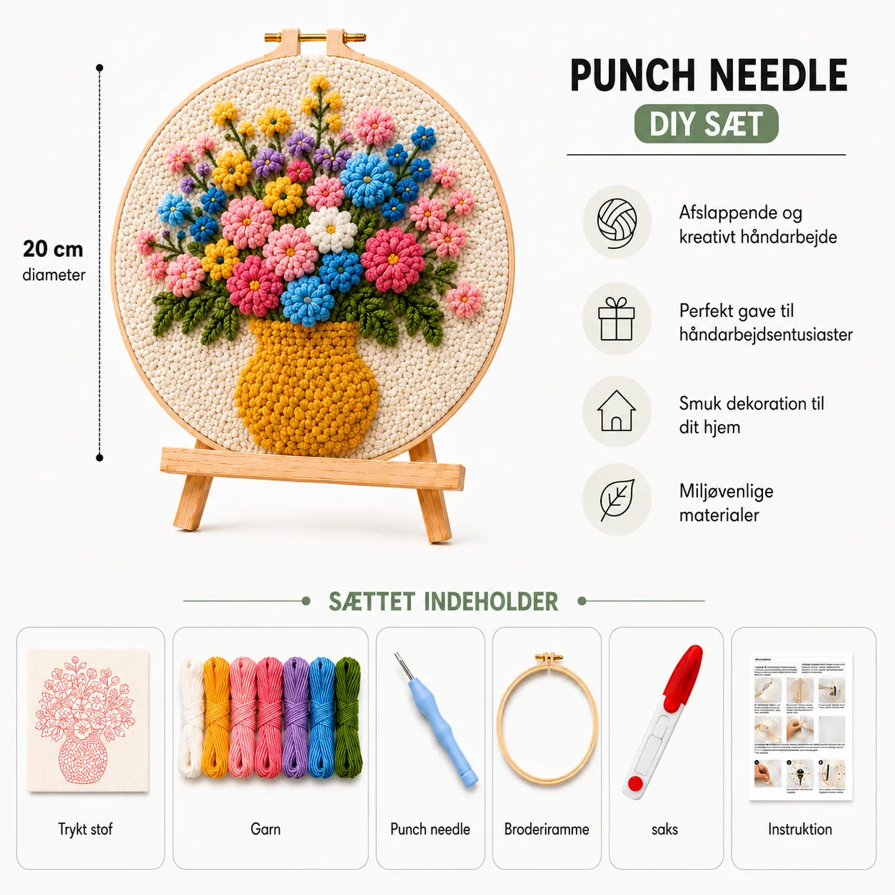 Craftsy Blomsterbuket punch needle sæt 20 cm gul vase