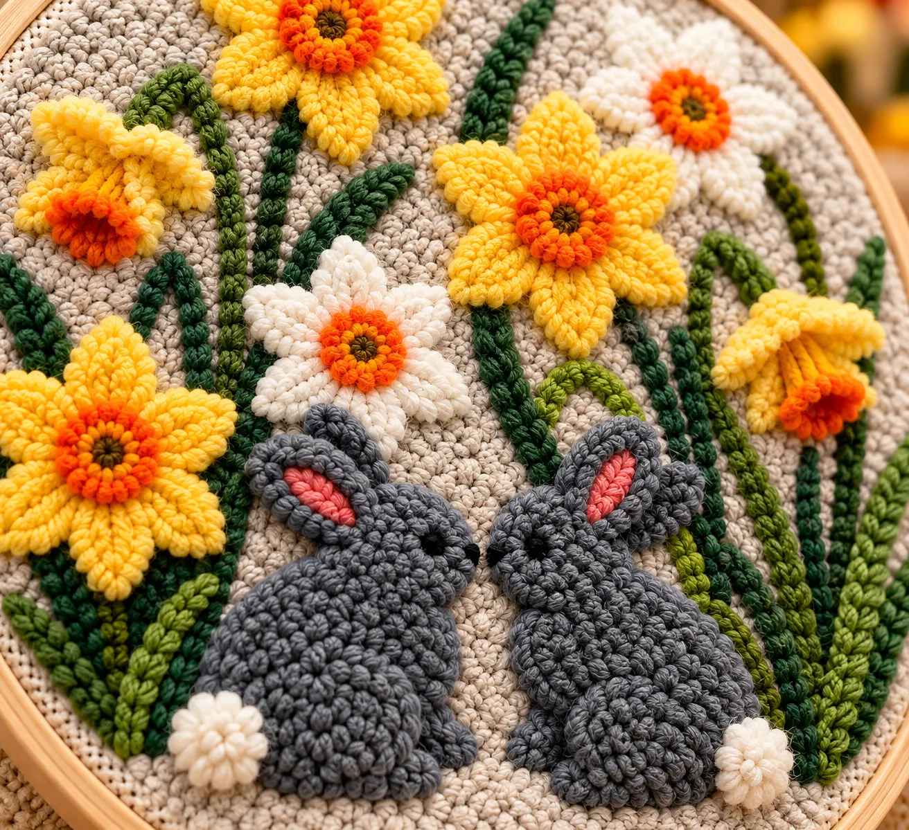 Craftsy Punch Needle To Kaniner i Blomsterhaven sæt 20 cm kaninmotiv