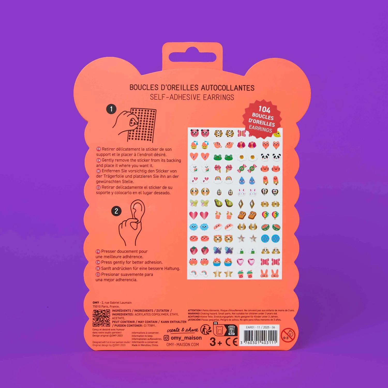 OMY Kawaii EAR01 klistermærkeøreringe guld fluo