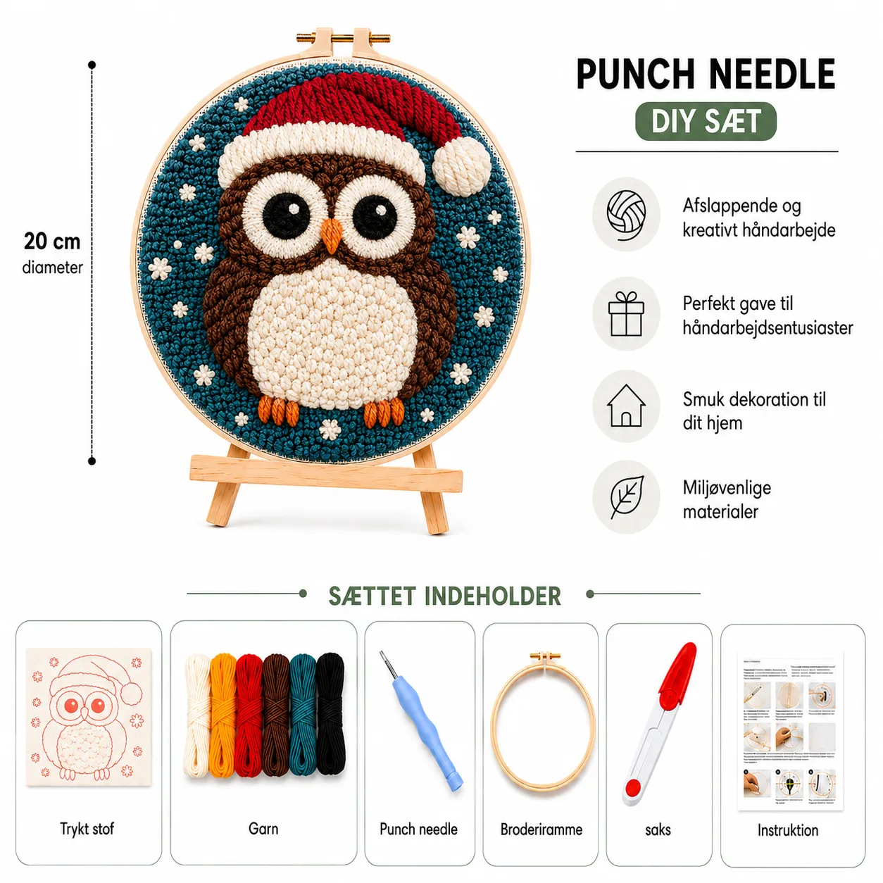 craftsy.dk Juleugle punch needle sæt 20 cm jul