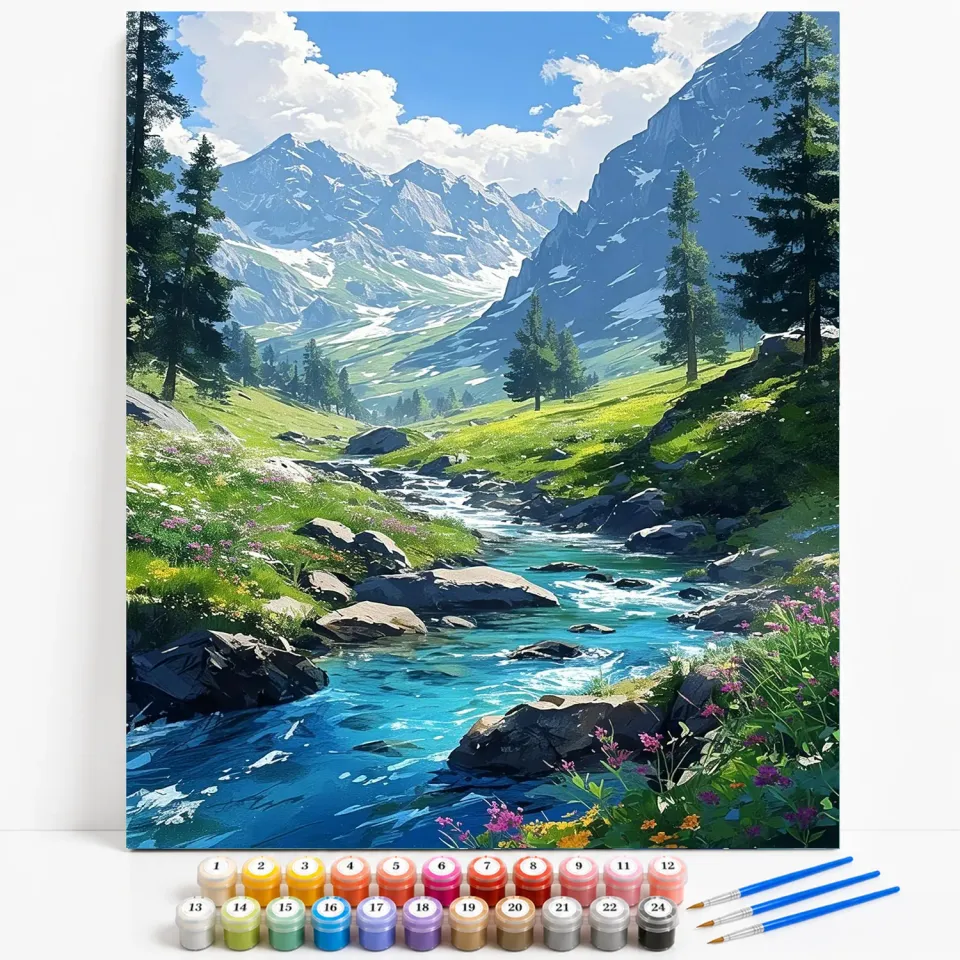 craftsy.dk Bjerglandskab med Flod mal efter tal 40x50 bjerge