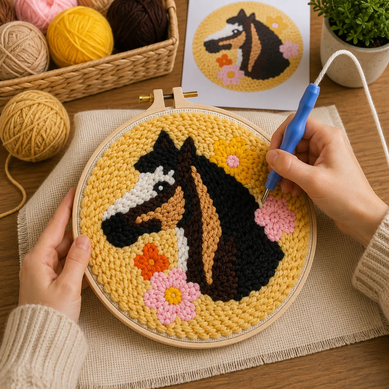 Craftsy.dk Blomsterhest punch needle sæt 20 cm med ramme