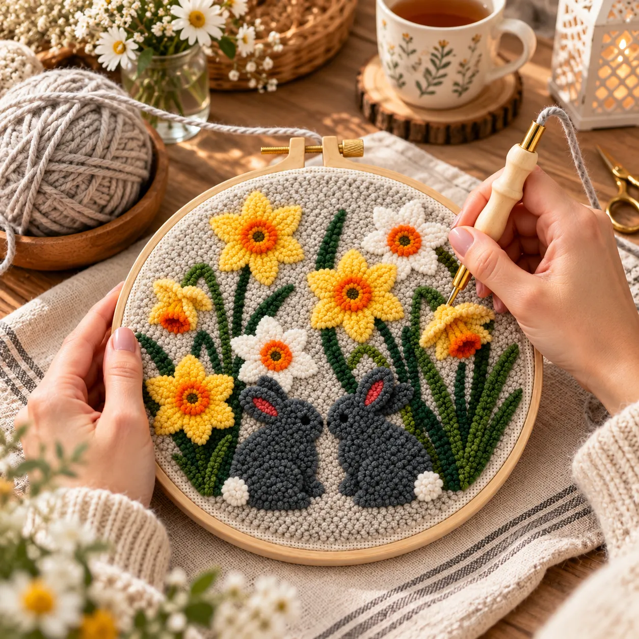 Craftsy Punch Needle To Kaniner i Blomsterhaven sæt 20 cm kaninmotiv