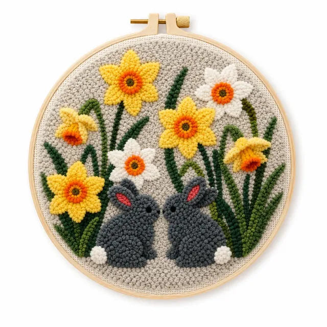 Craftsy Punch Needle To Kaniner i Blomsterhaven sæt 20 cm kaninmotiv