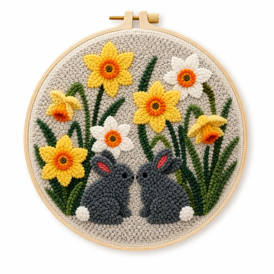 Craftsy Punch Needle To Kaniner i Blomsterhaven sæt 20 cm kaninmotiv